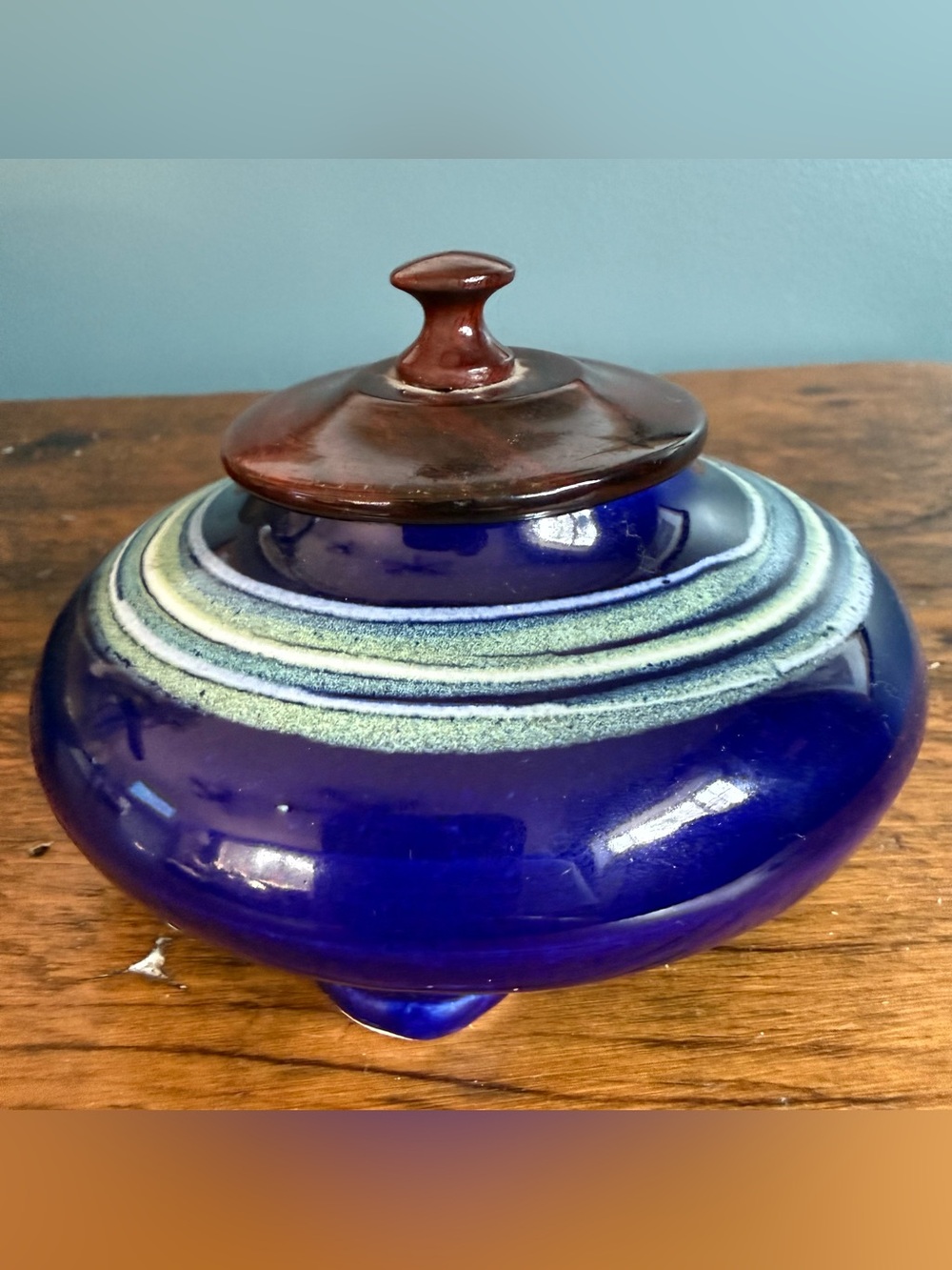 Ikebana flower frog vase Handmade Wooden Lid Artisan Cobalt Blue Signed RARE